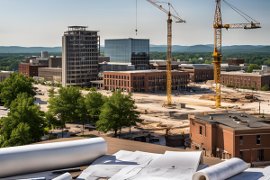 Photo of a construction site in downtown Huntsville, Alabama, with cranes, architectural plans on a table, and modern buildings under development in the background.