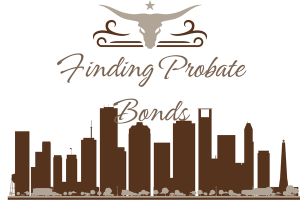 A cityscape of Houston, Texas, with a longhorn emblem above. The text "Finding Probate Bonds" is prominently featured, signaling an emphasis on locating probate bond services in the Houston area.