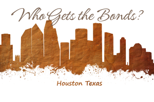 A sepia-toned Houston skyline with the words "Who Gets the Bonds?" placed above. The image highlights estate bond services in Houston, Texas.