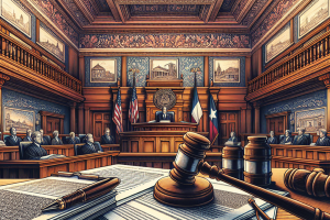 An intricate courtroom illustration featuring Texas and U.S. flags, a judge presiding at the bench, with gavel and legal books in the foreground, symbolizing legal proceedings related to estate bonds in Texas.