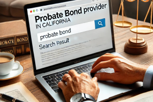 Laptop displaying a search result for a probate bond provider in California, with legal documents and a cup of coffee on the desk.