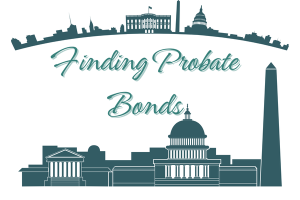 Graphic featuring Washington, D.C.'s iconic landmarks with the text 'Finding Probate Bonds' in a stylish font, representing Washington State.