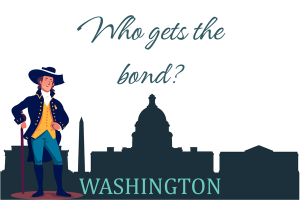 Illustration of a historical figure standing in front of the Washington State Capitol with the text 'Who gets the bond?' in elegant lettering.