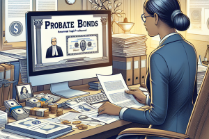 Illustration of a legal professional reviewing probate bond documents at a desk, with coins, paperwork, and a computer displaying 'Probate Bonds.