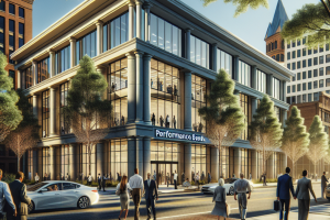 Modern office building in a bustling urban setting with a sign labeled 'Performance Bonds,' symbolizing corporate trust and security in Tuscaloosa, Alabama.