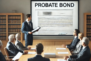 Estate attorney presenting a probate bond document to beneficiaries and creditors in a professional meeting room setting.