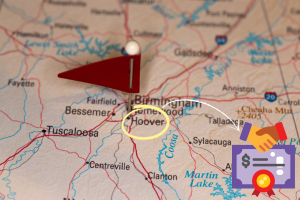 Map showing Hoover, Alabama with a red pin, highlighting its location near Birmingham. Ideal for businesses seeking performance bonds in Hoover.