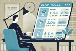 Illustration of a person evaluating probate bond providers online, comparing pricing, customer reviews, and approval times, set in a professional office.