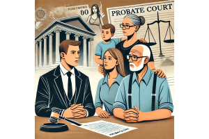 Illustration of a family discussing probate bond requirements with a lawyer in a courtroom setting, showing the importance of probate bonds in legal estate matters.