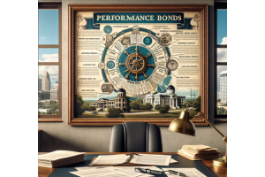 Vintage-style infographic detailing performance bonds, set in an office with legal documents and emphasizing the importance of understanding bonds.