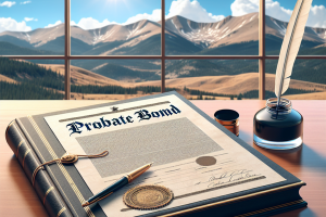 A detailed image of a probate bond document on a desk with a scenic view of Colorado mountains, representing the legal and financial formalities involved in estate bonds.