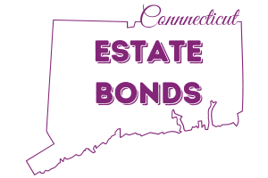 Outline of Connecticut state with bold text 'Connecticut Estate Bonds,' highlighting estate bonds relevant to Connecticut probate cases.