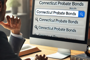 A person searching for 'Connecticut Probate Bonds' on a computer, emphasizing research for probate bond providers in Connecticut.