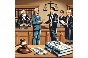 A courtroom scene where a judge and legal representatives discuss probate bond issues, with books and gavel symbolizing the legal process.