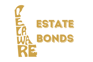 An artistic representation of the state of Delaware with the text 'Estate Bonds' next to it, emphasizing the subject of estate bonds specific to Delaware.