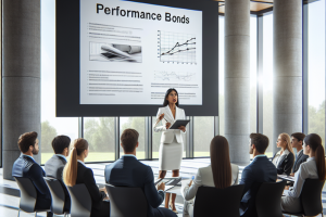 Professional businesswoman presenting a performance bonds seminar to an engaged audience, focusing on key metrics and financial graphs.