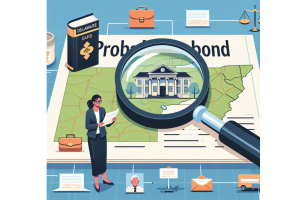 An illustration of a magnifying glass over a courthouse building, with a person reviewing documents, highlighting the process of finding probate bonds in Delaware.