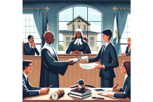 An illustration of a courtroom scene where a judge oversees the exchange of documents related to probate bonds, depicting the legal process of probate in Delaware.