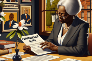 Elderly woman reviewing performance bond documents at her desk in Auburn, Alabama, with framed portraits of local officials in the background.