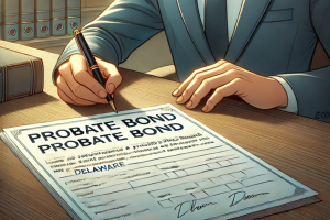 A close-up illustration of a person signing a probate bond document in an office setting, emphasizing the process of securing a probate bond in Delaware.