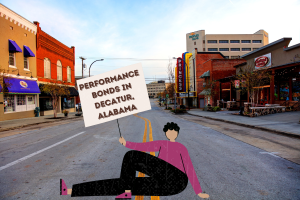 Person holding a sign reading 'Performance Bonds in Decatur, Alabama' on a street with historic buildings and the Princess Theater in the background.