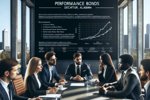 Business professionals in a meeting room discussing performance bonds in Decatur, Alabama, with a presentation chart displayed in the background.