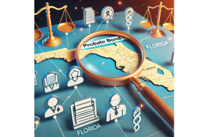 A magnifying glass focusing on a map of Florida, highlighting various symbols like scales of justice and legal documents, representing the search for probate bond providers across the state.