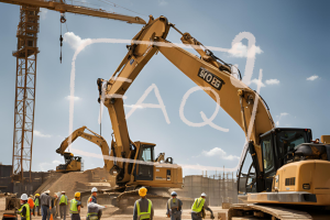 Construction site with excavators and workers in hard hats, overlaid with the text 'FAQ,' discussing performance bonds in Decatur, Alabama.