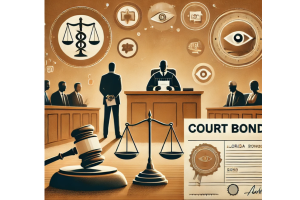 An illustration of a courtroom scene in Florida, with a judge presiding over legal proceedings related to court bonds, showing a gavel, scales of justice, and bond certificates, symbolizing legal compliance and responsibility.