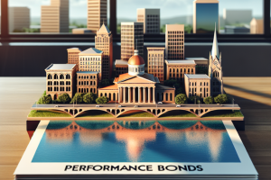 Miniature model of a city skyline representing Decatur, Alabama, with the text 'Performance Bonds' prominently displayed below.