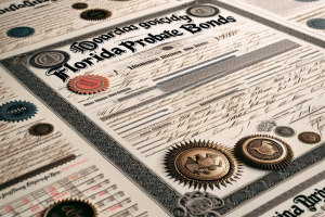 A detailed image of a Florida probate bond certificate with ornate borders and official seals, representing the formal documentation involved in probate bonds.