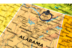 Close-up of a map showing Madison, Alabama, highlighted with a pushpin, emphasizing its location within the state for Performance Bonds.