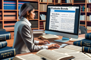 A focused view of a woman in professional attire seated at a desk surrounded by law books, researching "Probate Bonds" on a computer, highlighting the significance of understanding probate bonds for legal professionals.