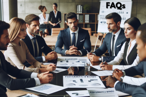 A group of professionals in a meeting room discussing performance bonds, with 'FAQs' text in the corner, representing corporate discussions on bonds.