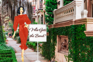 A fashionable woman in a red dress walking along a beautifully landscaped street, next to a sign that reads "Who Gets the Bond?" This image visually emphasizes the question of eligibility for probate bonds in a charming urban setting.