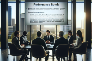 Corporate Meeting on Performance Bonds - A team of professionals in a modern office discussing the importance of performance bonds in ensuring project success in Birmingham.