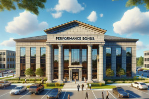 A grand office building labeled 'Performance Bonds,' representing a modern and authoritative financial institution for bonding services in Madison, Alabama.