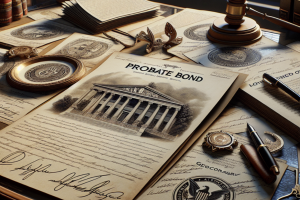 An elegant layout of a "Probate Bond" document on a wooden desk adorned with seals, pens, and legal papers, representing the formalities and legalities involved in securing a probate bond.