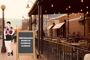 Outdoor café in Florence, Alabama at sunset with a chalkboard sign reading 'Performance Bonds in Florence, Alabama,' featuring a stylish figure standing beside the sign.