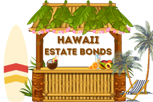 A colorful tropical hut displaying the text "HAWAII ESTATE BONDS," surrounded by palm leaves, fruit, and a surfboard, evoking a vibrant Hawaiian atmosphere.