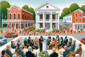 Illustration of a community gathering in Florence, Alabama, with a focus on a building marked 'Performance Bond,' highlighting the importance of performance bonds in local business and public projects.