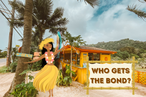 A scenic beachside setting with a hula dancer and the text "WHO GETS THE BOND?" emphasizing the beneficiaries of probate bonds in Hawaii.