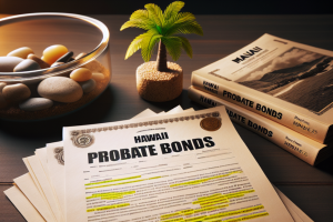 A close-up view of Hawaii probate bond documents, including highlighted text, alongside a small decorative plant and smooth stones, symbolizing the importance of estate management.