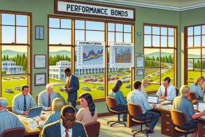 Vibrant office setting with professionals working on performance bond documentation, charts, and graphs, symbolizing the management of bonds for construction projects in Phenix City, Alabama.