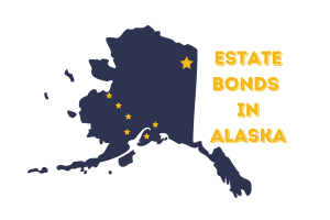 Illustration of the state of Alaska with major cities marked and the text 'Estate Bonds in Alaska' in bold yellow letters, emphasizing the focus on probate and estate bonds within the state.