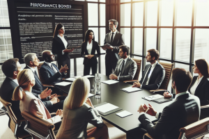 A group of executives presenting on performance bonds in a conference room, showcasing detailed discussions on how bonds protect contractors and project owners in Anchorage, Alabama.