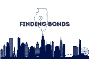 Silhouette of Chicago skyline with the text 'FINDING BONDS' overlay, highlighting resources for locating probate bonds in Illinois.