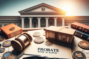 Close-up of legal documents labeled 'PROBATE BONDS IN ILLINOIS' with a gavel and emblems, symbolizing the importance of probate bonds in estate management.