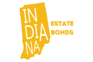 A yellow silhouette of Indiana with the text "Indiana Estate Bonds" in bold, emphasizing estate bonds and legal services related to probate in Indiana. Ideal for websites discussing probate bonds or estate bonds in Indiana.