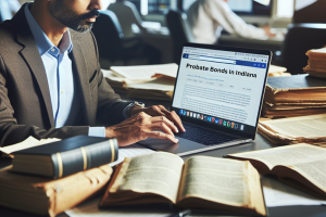 A man in a suit researching probate bonds on a laptop, with books and legal documents surrounding him. The laptop screen shows "Probate Bonds in Indiana," illustrating the process of understanding and obtaining probate bonds in Indiana.